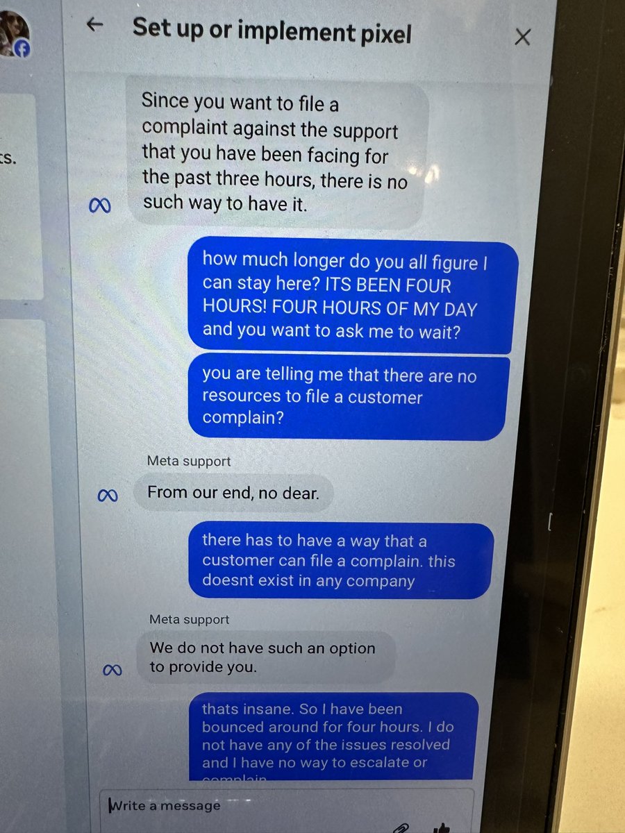 I’m having issues with <a href="/Meta/">Meta</a> ad pixel. Then I’m told it’s because my personal account is blocked because I performed fast actions / spam (never did. Don’t use my account like that). Then I am bounced from chat agent to agent (over 30 agents) for FOUR hours and this is the reply