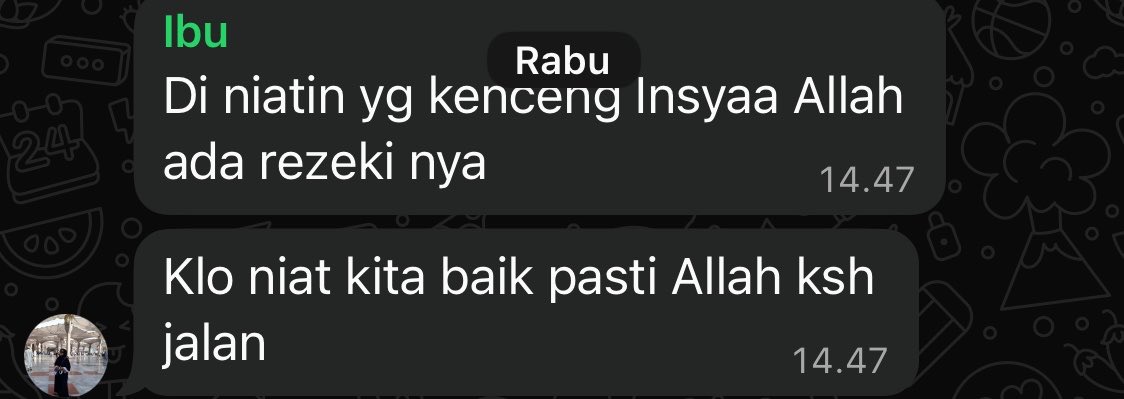 Mau cerita kebaikan Allah buat gue, 
Ini rabu kemaren awal perang dingin gue dgn ibu, ibu gue nyuru sesuatu yg menurut gue gak masuk di logika gue, dia cuma yakinin gue “percaya sama Allah nanti ada rezekinya”. Gue menentang, dilogika gue semua harus ada aksi nyata dulu, bukan