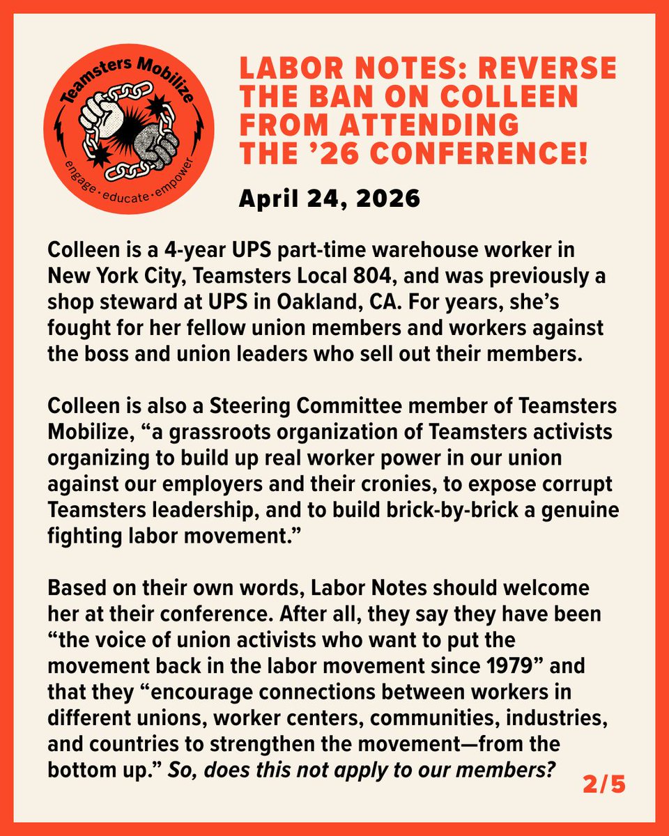 Teamsters_Mblz's tweet image. 🚨LABOR NOTES HAS BANNED TEAMSTERS MOBILIZE MEMBER COLLEEN DONOVAN LIKELY DUE TO HER LEADERSHIP IN TM WHICH HAS BEEN CONSISTENTLY CRITICAL OF TEAMSTERS PRESIDENT SEAN O'BRIEN.🚨

SIGN OUR PETITION TO END THE BAN: bit.ly/labornotesban

#labornotes #teamsters @labornotes
