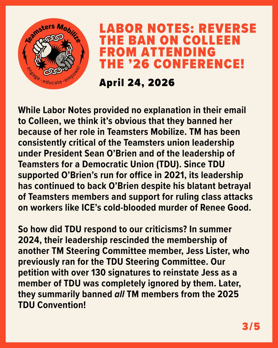 Teamsters_Mblz's tweet image. 🚨LABOR NOTES HAS BANNED TEAMSTERS MOBILIZE MEMBER COLLEEN DONOVAN LIKELY DUE TO HER LEADERSHIP IN TM WHICH HAS BEEN CONSISTENTLY CRITICAL OF TEAMSTERS PRESIDENT SEAN O'BRIEN.🚨

SIGN OUR PETITION TO END THE BAN: bit.ly/labornotesban

#labornotes #teamsters @labornotes