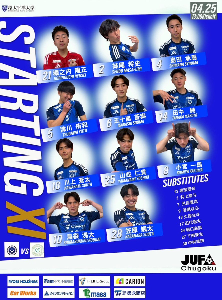 𝑺𝑻𝑨𝑹𝑻𝑰𝑵𝑮 𝑿𝑰🦅✨

#堀之内隆正
#妹尾将史 #島田承馬 #津川侑和
#五十嵐蒼実 #田中純 #川上蒼太 #山並仁貴
#島袋滉大 #笠原颯太 #小宮一馬

Sub #黒瀬朋希 #井上碧斗 #児島亜流 #若尾以心 #久保公斗 #田代聡太 #堀口海嵐 #下西瑛太 #中村成那