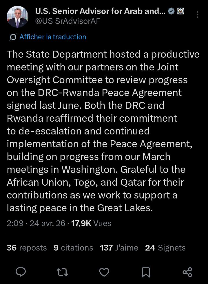 *#USA🇺🇸-#RDC🇨🇩-#RWANDA🇷🇼:*
Le conseiller principal de Donald #Trump pour l’#Afrique et le Moyen-Orient,M.#Boulos sur X :
*« Le Département d'État a accueilli une réunion productive avec nos partenaires au sein du Comité mixte de surveillance pour examiner les progrès réalisés