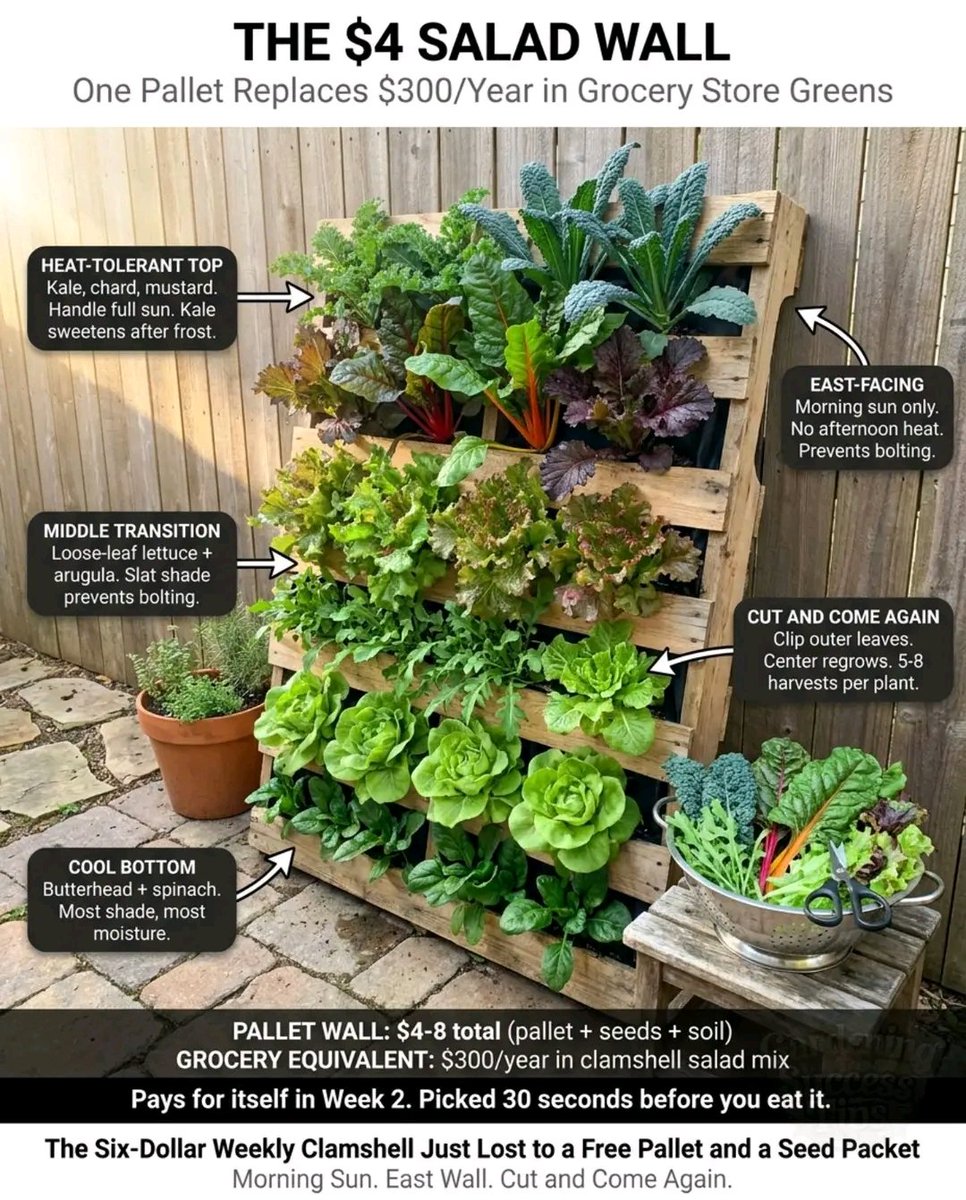 A free pallet. A four-dollar seed packet. Forty weeks of salad greens.

Stand the pallet upright. Line the slat pockets with landscape fabric. Fill with soil.

Bottom pockets — butterhead lettuce and spinach. Coolest, most shaded, most moist.

Middle pockets — loose-leaf lettuce