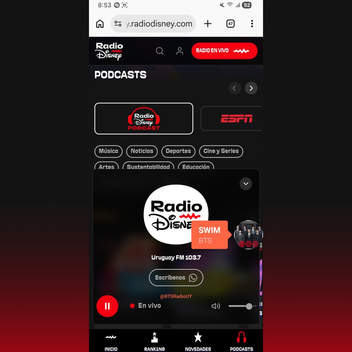 BTSRadioUY's tweet photo. 📻 | Radio 

¡Se escuchó #SWIM de @BTS_twt en Radio Disney 103.7 FM! 🌊 

Gracias a #RDUruguay en conducción de Cristian Furconi por programar la canción en #ModoFinde 🎶 https://t.co/u7D0MTnjv1
