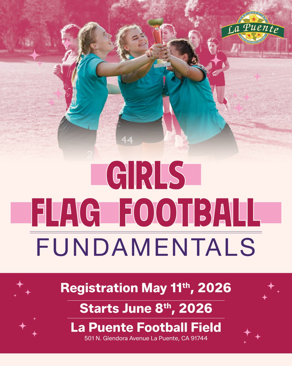 CityofLaPuente's tweet image. Our Girls Flag Football Fundamentals program helps young athletes learn the basics, build teamwork, and grow their confidence on the field.

📝Registration May 11th
🙌Starts June 8th
📍La Puente Football Field
👦Ages 11–14

#LaPuente #FlagFootball #Athletes #Teamwork #Community