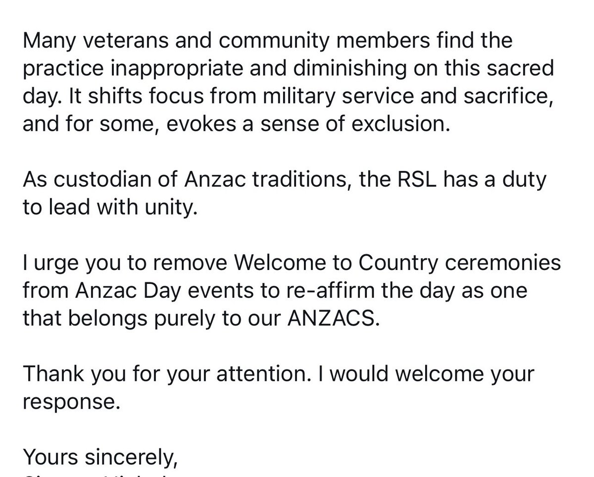 wattle1854's tweet photo. @craigkellyAFEE We sent emails to the @RSL_Australia  to end the racially divisive WTC. Hopefully they will! We will keep writing and you should too! enquiries@rsl.org.au https://t.co/AOvPTNRO0E