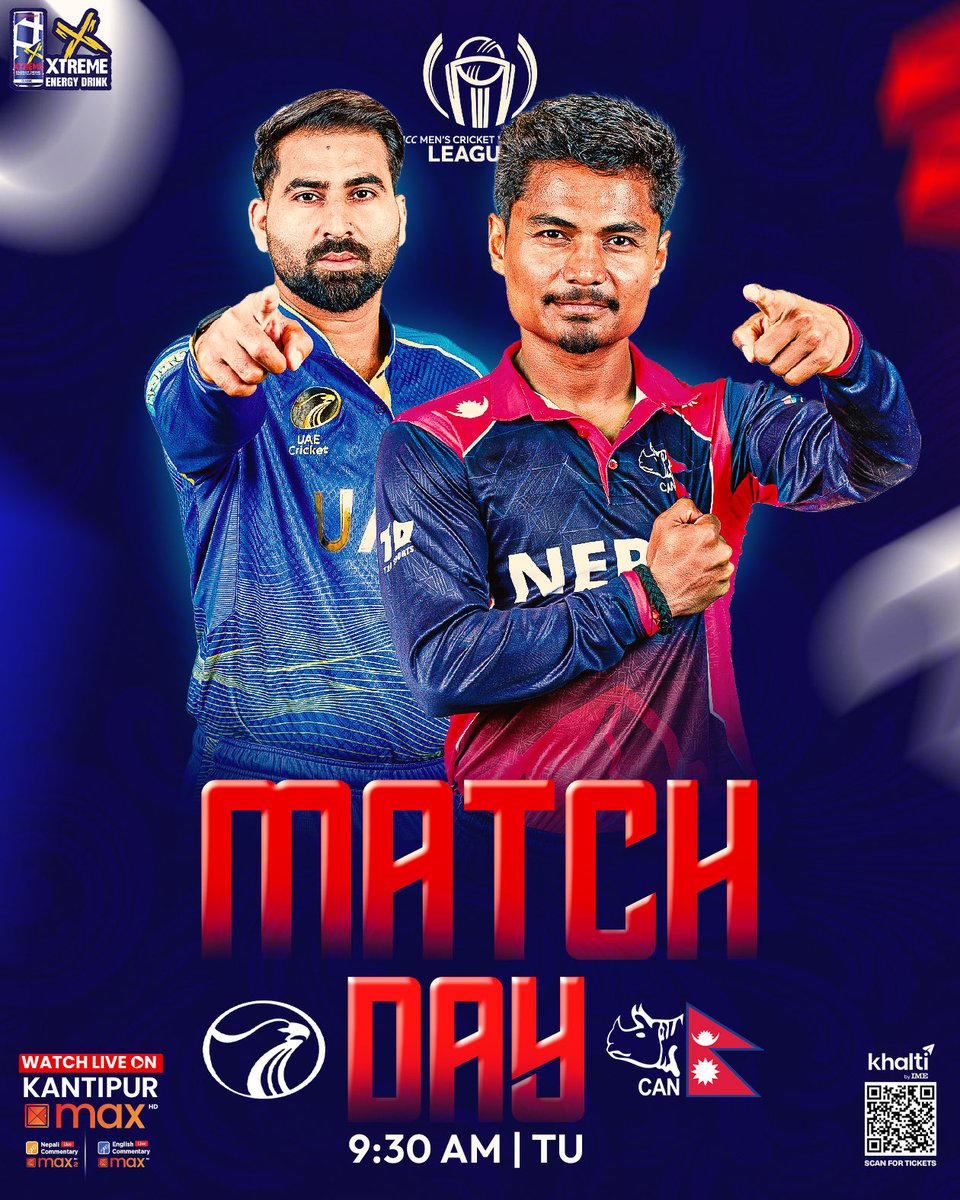 CricketNep's tweet image. Matchday ⏰ 9:30 AM 

🎟️ Tickets - Khalti - kk5.io/CWCL2

📺 Live ON: Kantipur Max HD

#NepalCricket