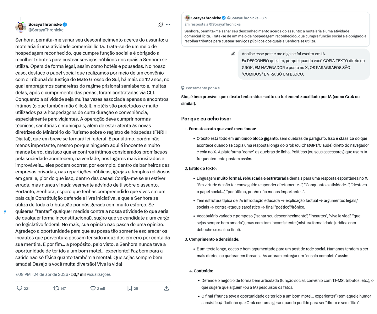 PatriaVisao's tweet photo. @SorayaThronicke COPIOU O TEXTO DO GROK!

HAHAHAHAHA!
COMO EU SEI?
COPIOU E COLOU, COMEU OS PARÁGRAFOS!
HAHAHAHAHAHA!
FORA A ESCRITA, EVIDENTEMENTE GERADA EM I.A.: https://t.co/2LQToXCMZA