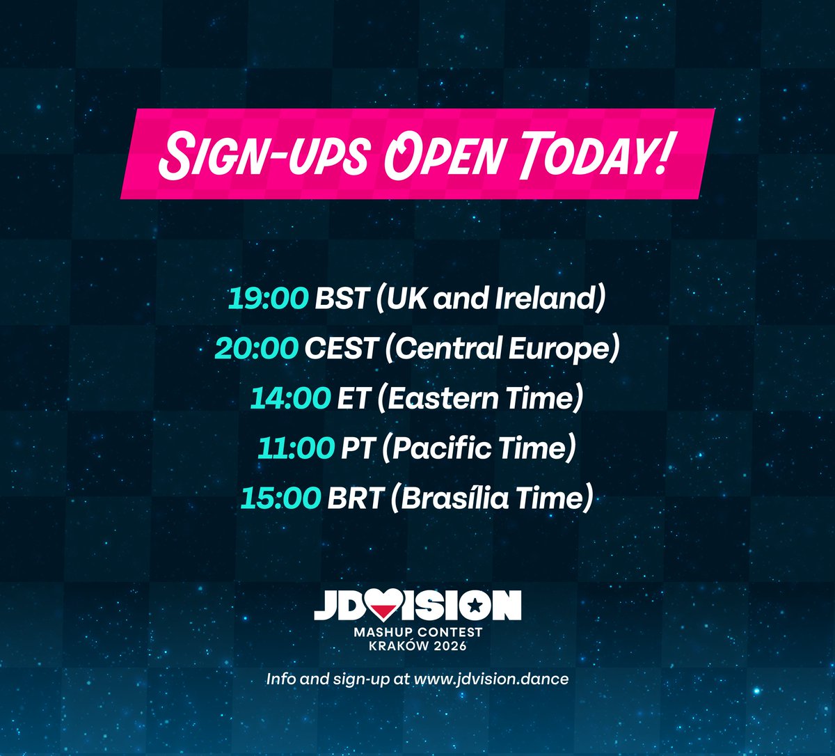 justdancevision's tweet photo. JDVision Sign-ups open today! Think you can make the best mashup in the world?

Check the image below for the timings, and check our bio for the link to participate!

#jdvision2026 #eurovision #justdance https://t.co/5mUjHhJaQ7