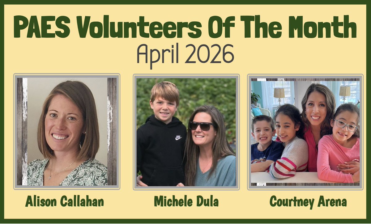 PAESPTA's tweet photo. We are proud to recognize Alison Callahan, Michele Dula, &amp; Courtney Arena as our April Volunteers of the Month! Alison led this year’s Scholastic Book Fair. Michele &amp; Courtney helped bring energy, creativity, &amp; thoughtful planning to the Reading Challenge. You make a difference! https://t.co/ECttrDFmbD