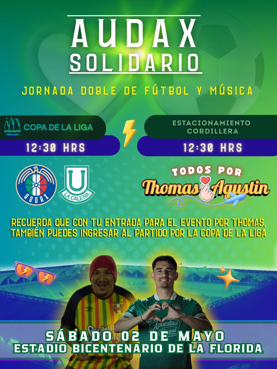 losdelcinco's tweet photo. Todos apoyar @todosporthomasagustin2 
Sábado 2 de mayo #estadioBicentenarioLaFlorida 
@Santaferia @audaxitaliano vamos con todo apoyar esta gran causa los artistas apoyan y nosotros también lo debemos hacer @LaFloridaMA @UnionComunal @SinAutopistas @UnionComunal https://t.co/1t37z3fmGV