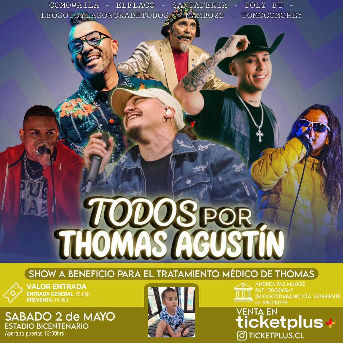 losdelcinco's tweet photo. Todos apoyar @todosporthomasagustin2 
Sábado 2 de mayo #estadioBicentenarioLaFlorida 
@Santaferia @audaxitaliano vamos con todo apoyar esta gran causa los artistas apoyan y nosotros también lo debemos hacer @LaFloridaMA @UnionComunal @SinAutopistas @UnionComunal https://t.co/1t37z3fmGV