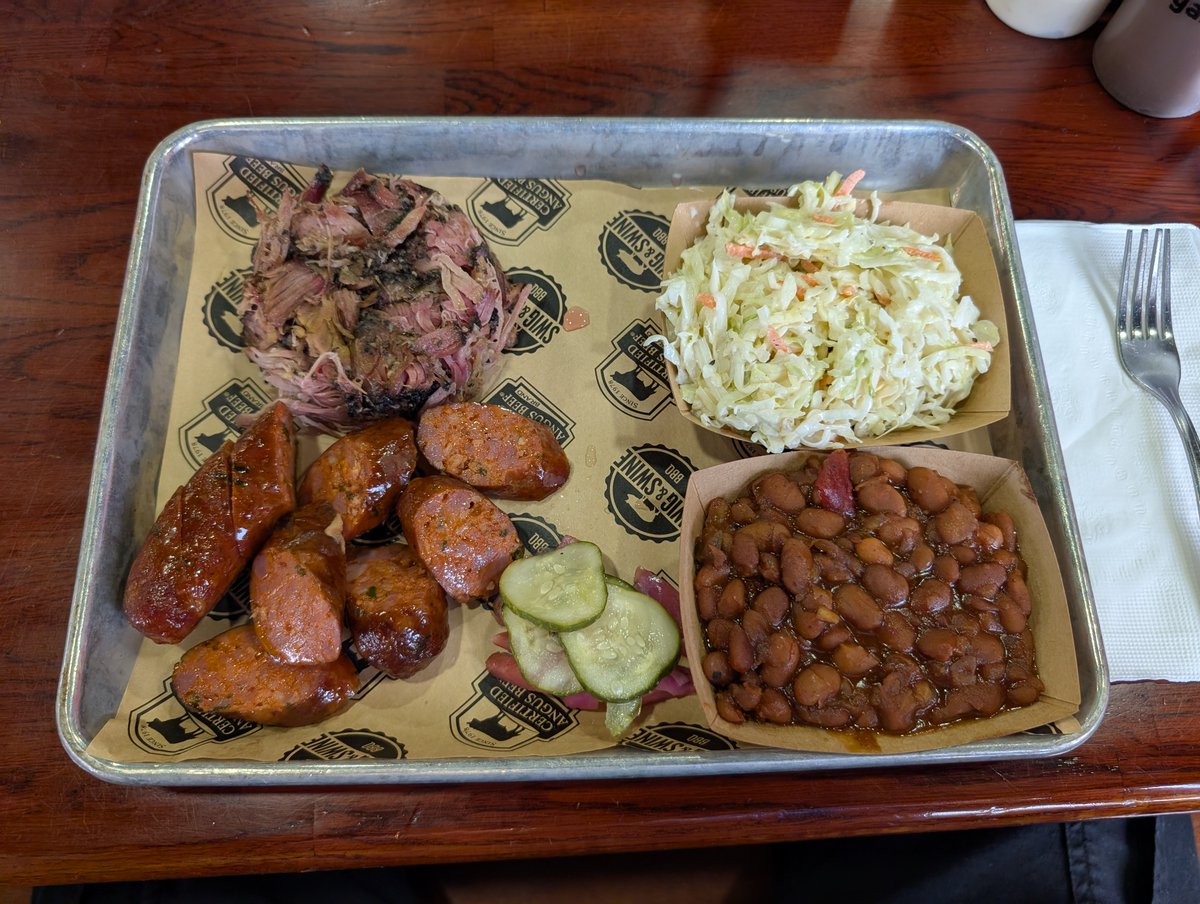 KF4LMT's tweet image. Dinner at Swig &amp;amp; Swine in Summerville, SC: pulled pork and sausage with slaw and BBQ beans &amp;amp; brisket. The sausage &amp;amp; pickles were homemade and everything was delicious. They have 5 sauces, but I recommend the Vinegar and Sweet Red (not that sweet). #BBQ #SummervilleSC
