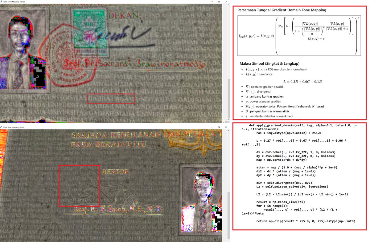 SianiparRismon's tweet photo. Ekstraksi watermarks atas empat ijazah fakultas kehutanan UGM 1985 dengan metode Gradient Domain Tone Mapping. https://t.co/8bZoHsluP3