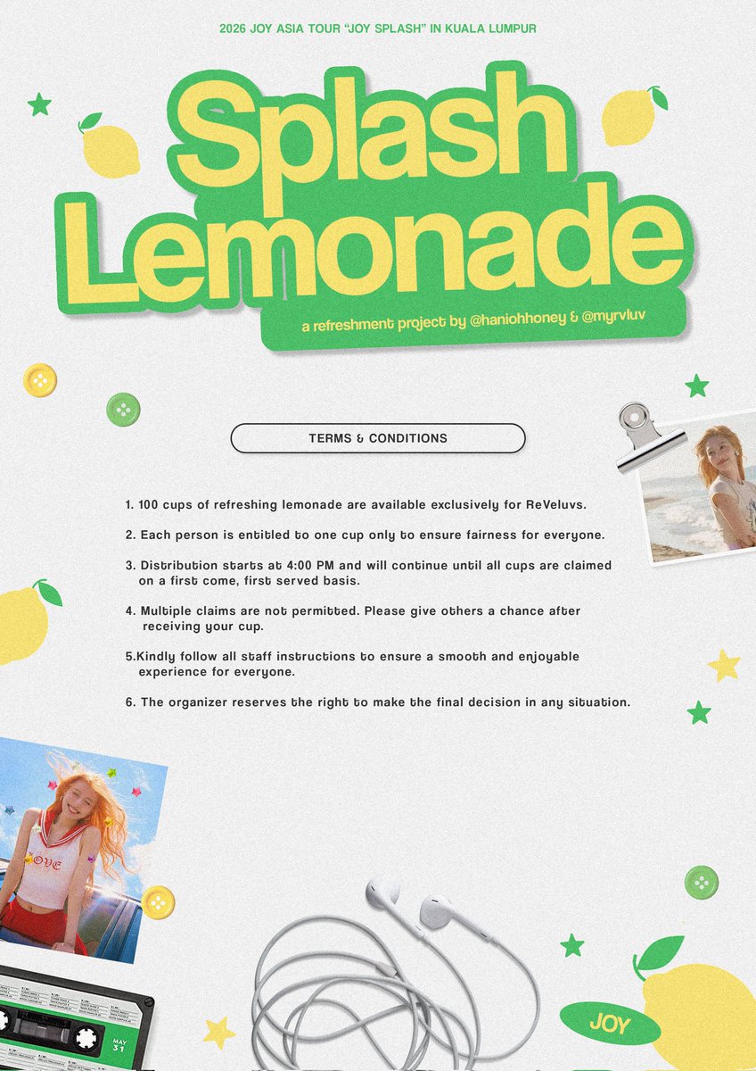 haniohhoney's tweet image. 𝓢𝓹𝓵𝓪𝓼𝓱 𝓛𝓮𝓶𝓸𝓷𝓪𝓭𝓮 🍹💚

Introducing a refreshing fan project for 2026 JOY ASIA TOUR “JOY SPLASH” in Kuala Lumpur °•~

📍 Cafeteria, LaLaport
📅 25 April 2026
⏰ 4PM

don’t miss this little moment of happiness ✨
#JOY #조이 #2026JOY_SPLASH_TOUR_KL #JOYinKL
