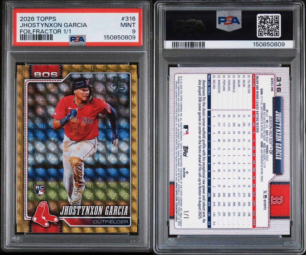 BungJawstin's tweet photo. Grade Reveal from @PSAcard just populated ‼️

2026 Topps Series One Jhostynxon Garcia 1/1 FoilFractor ⚾️

#ThePassword

Big thanks to @MichaelHafey aka #FireHouseCards for the deal 🤝

Going straight into the PC as a cornerstone

Keep grinding @JhostynxonGarc2 🫡 https://t.co/O5MpxvJOGx