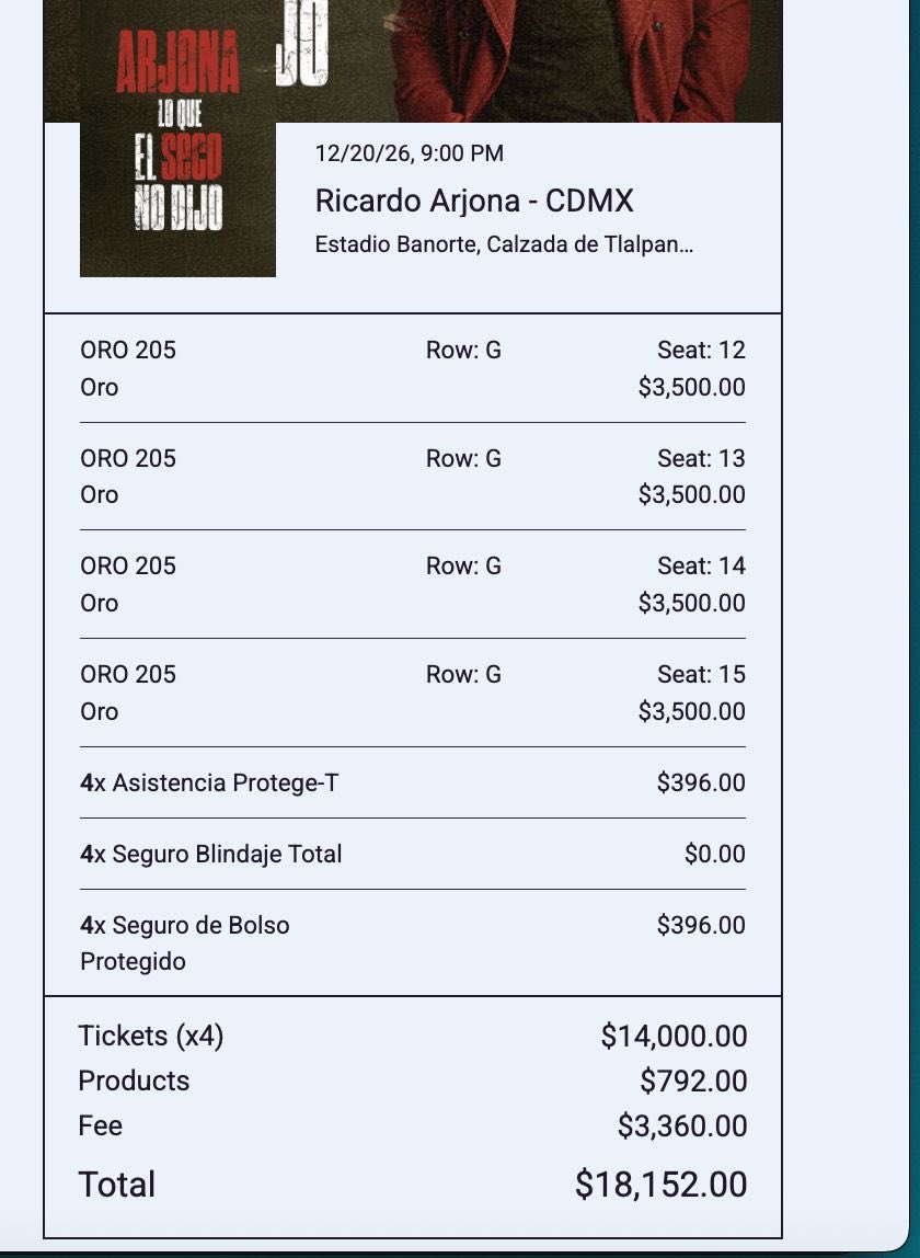 Beca0103's tweet photo. @mx_tickets VENDO 2 BOLETOS DE ARJONA, AL MISMO PRECIO QUE APARECE EN LA FOTO. YA NO VOY A PODER ACUDIR Y QUIERO RECUPERAR EL DINERO. TRASPASO SEGURO 🥺
 SON ZONA VIP Y JUNTOS ✨
#arjona #cdmx #estadiobanorte https://t.co/1WYZy3Vy2f