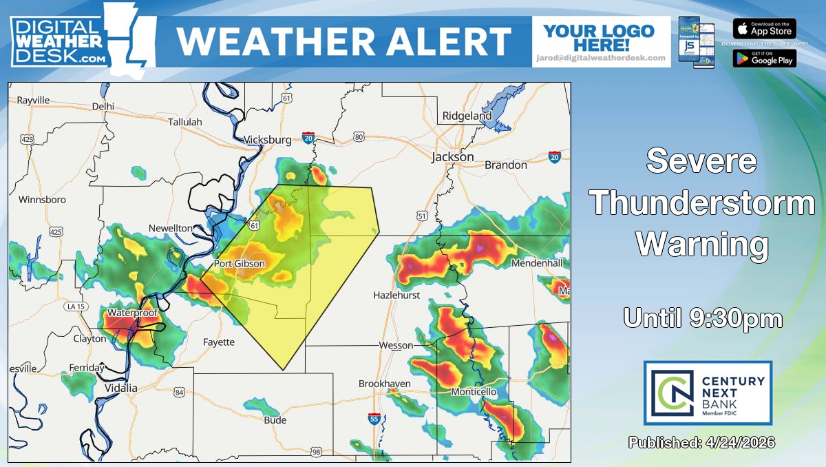 Severe Thunderstorm Warning for Claiborne, Jefferson, and Warren County in MS until 9:30pm.
