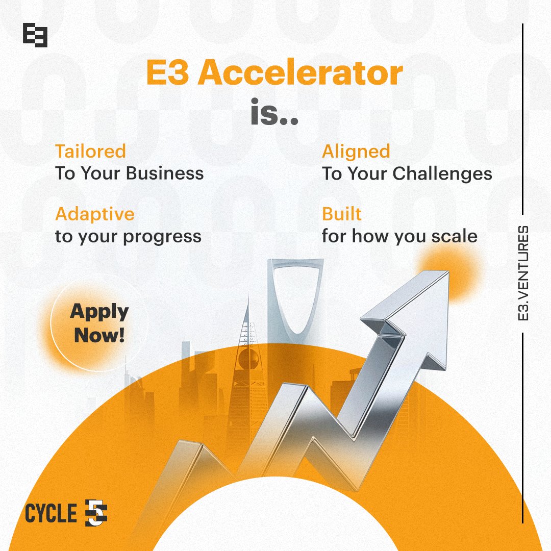e3ventures's tweet photo. Most programs follow a fixed structure. E3 doesn’t.

In Cycle 5, your experience is built around:

◾A market entry strategy tailored to your business model
◾Consultancy aligned with your specific challenges
◾A program path that evolves with your progress

E3 is a customized execution journey designed for one outcome: Successful market entry in KSA.

🚀 Apply now: https://t.co/zYTMnPu2WA
