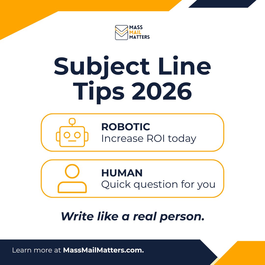 MassMailMatters's tweet photo. People open emails that sound human and natural. Write subject lines like you are talking to a real person. 

Learn more: https://t.co/owL20rFTGC  

#SubjectLines #EmailTips #MassMailsMatters https://t.co/61B5k6tBV2