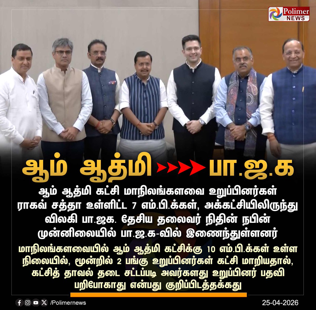 polimernews's tweet image. #NEWSUPDATE || ஆம் ஆத்மி கட்சியிலிருந்து விலகி, பா.ஜ.க-வில் இணைந்த 7 எம்.பி.க்கள் | #BJP | #AamAadmiParty | #PolimerNews