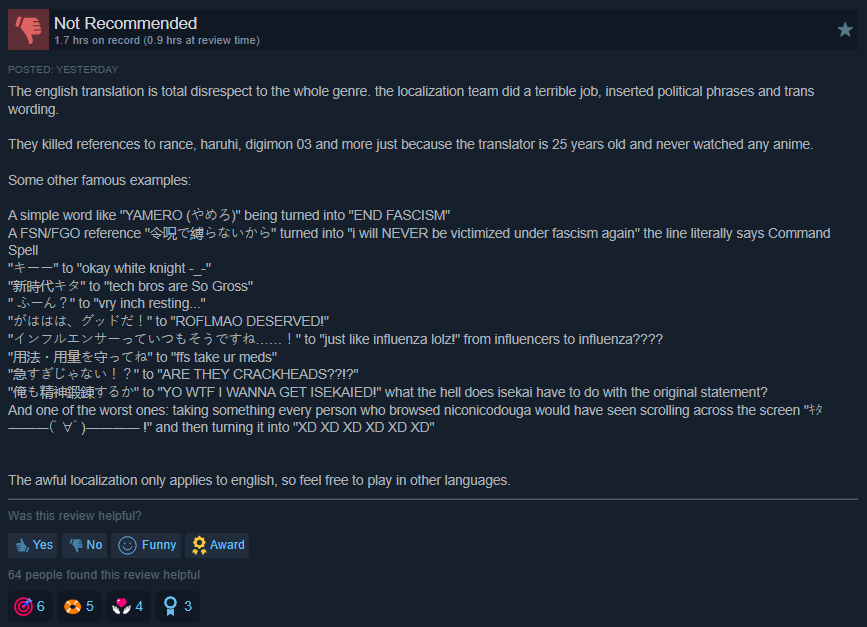 『ゆんゆん電波シンドローム』、英語版の翻訳がひどすぎて炎上してしまう...

🇯🇵「やめろ」
→🇬🇧「ファシズムを終わらせろ」

🇯🇵「新時代キタ」
→🇬🇧「IT男マジキモい」

🇯🇵「令呪で縛らないから」
→🇬🇧「もう二度とファシズムの犠牲にはならない」