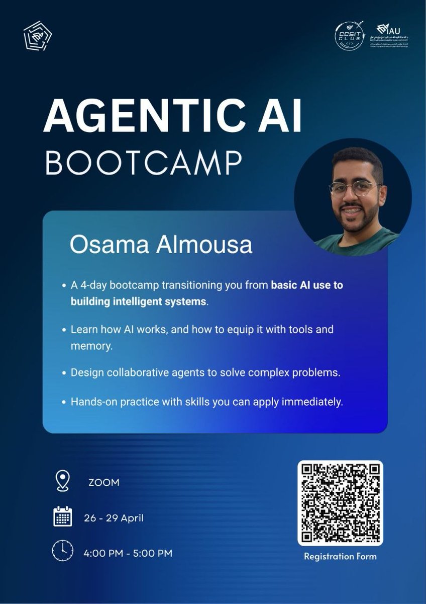 leadermr101's tweet photo. يقدم نادي الذكاء الاصطناعي والروبوتات في جامعة IAU معسكر تدريبي بعنوان:
 
( الذكاء الاصطناعي الوكيل )

الأحد ٩ ذو القعدة | ٢٦ أبريل 
الإثنين ١٠ ذو القعدة | ٢٧ أبريل 
الثلاثاء ١١ ذو القعدة | ٢٨ أبريل 
الأربعاء ١٢ ذو القعدة | ٢٩ أبريل 

تبدأ الساعه ٤ مساء

الشهادة 
( شهادة معتمدة )

رابط التسجيل
https://t.co/3Bt884RBMM