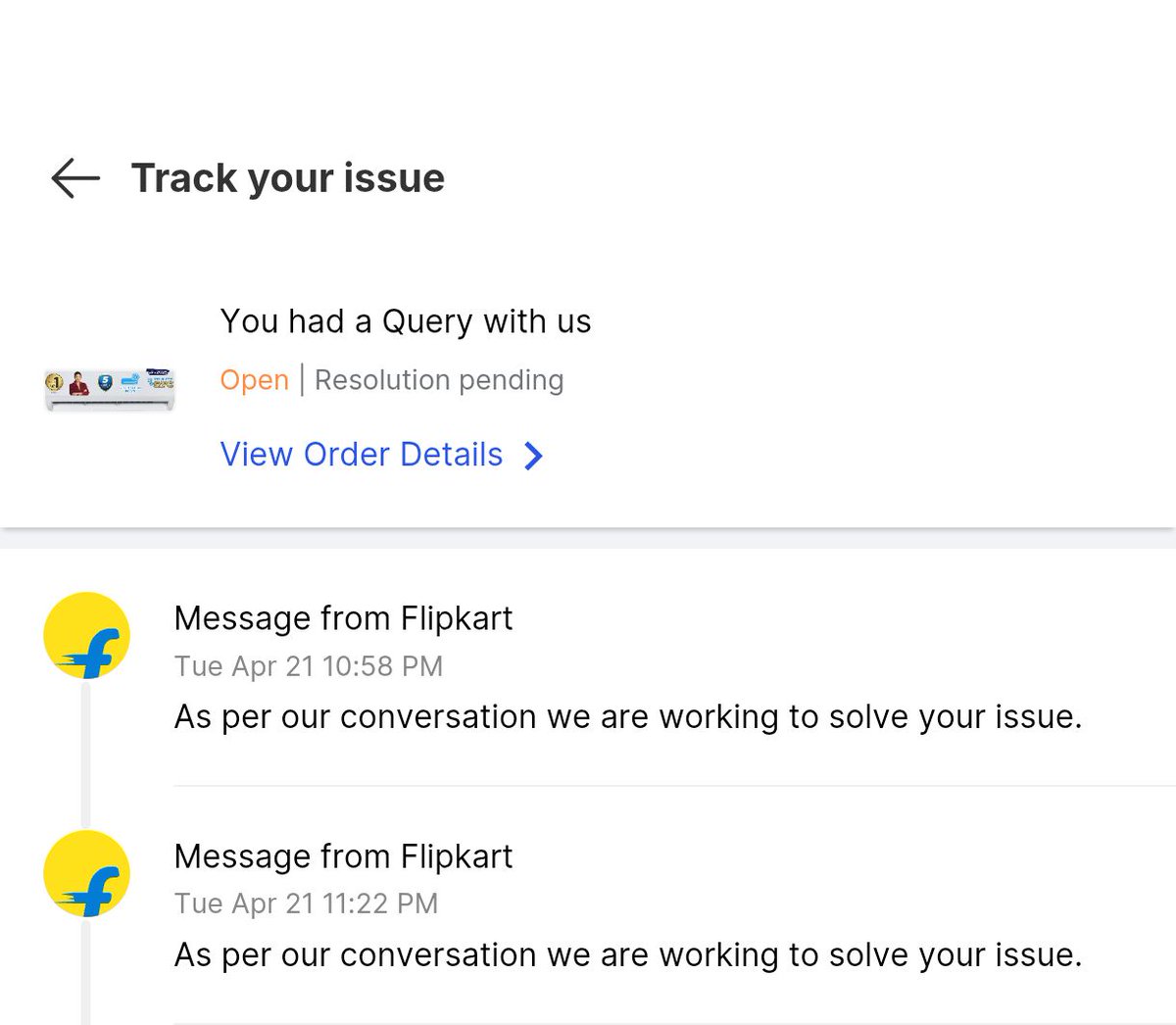 harshit_aggrwal's tweet photo. WARNING: Avoid @Flipkart scam for high-value items! 🚫
I booked &amp; paid for an AC. No schedule delivery on 21st. No response to complaints. it’s 25th and they are refusing an immediate refund, asking for "3 days to take action." Please help @jagograhakjago @nch1915 https://t.co/6dixWBuUUY