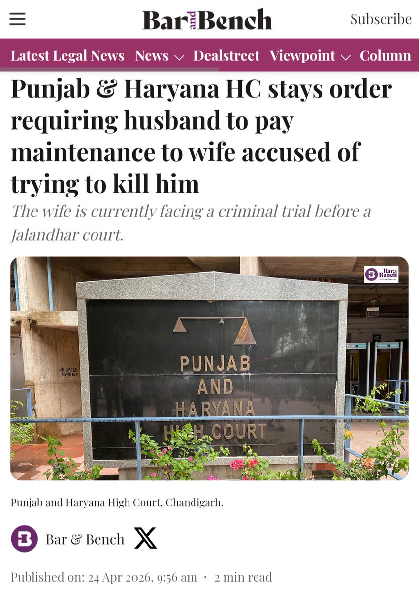 Puruhotra's tweet image. Punjab &amp;amp; Haryana High Court has shown rare courage and balance by staying a maintenance order in favour of a wife who is herself facing trial on criminal charges for attempting to kill her husband

this is what real justice for men looks like!

#MensRights #GenderNeutralLaws