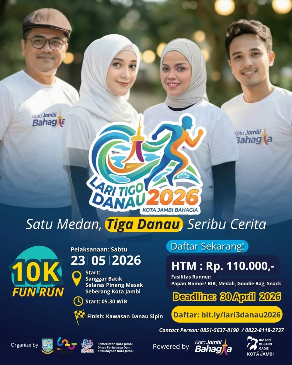 JadwalLari's tweet image. 👟Lari Tigo Danau Kota Jambi 2026
🗓️Sabtu, 23 Mei 2026
🏃‍♂️10K
🏠Sanggar Batik Selaras Pinang Masak, Kec. Pelayangan, Kota Jambi, Jambi

#JadwalLari #FunRun #InfoLariJambi #EventLariJambi #LariTigoDanau2026