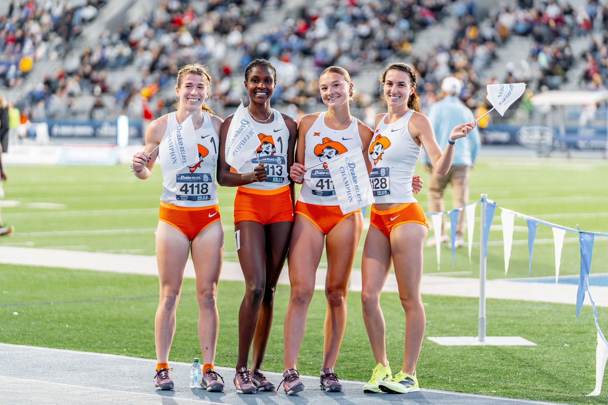 1️⃣0️⃣0️⃣ YEARS OF DRAKE RELAYS.

THIS IS THE FASTEST 4x800 METER TIME BY ALMOST 10 SECONDS. ALSO NO. 2️⃣ IN NCAA HISTORY 🤯

Total time: 8:16.65
Kadence Huck (2:07.35)
Elyse Wilmes (2:03.28)
Kaylie Politza (2:03.98)
Billah Jepkirui (2:02.05)

#GoPokes I #run4okstate