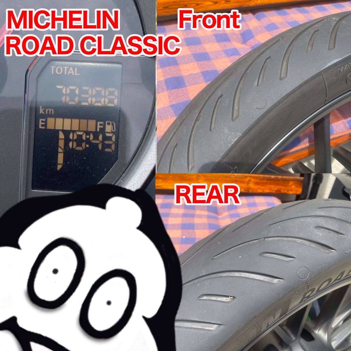 erodk9's tweet image. 4度目のタイヤ交換前メモ
途中のぶみー号のタイヤで2000kmほど走ってるので実質14000kmくらい
#GB350
#Michelin