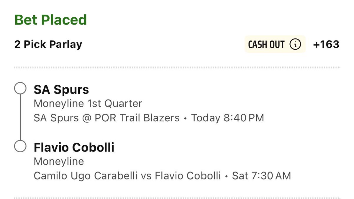 DreamsBets's tweet photo. $100 to $10,000 Challenge 👑
 
Step 1 : Spurs 1Q + Cobolli ML +163

$100 > $263

❤️ If Tailing https://t.co/rWqvr1hEup