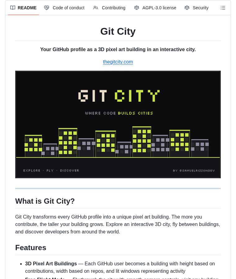 chenzeling4's tweet image. 🔥 GitHub Trending (Refresh)

Git City: Your GitHub profile as a 3D pixel art building in an interactive city. More contributions = taller building. Free flight mode, achievements, customization, social features &amp;amp; compare mode.

⭐ 5,157
#GitHub #3D #Creative