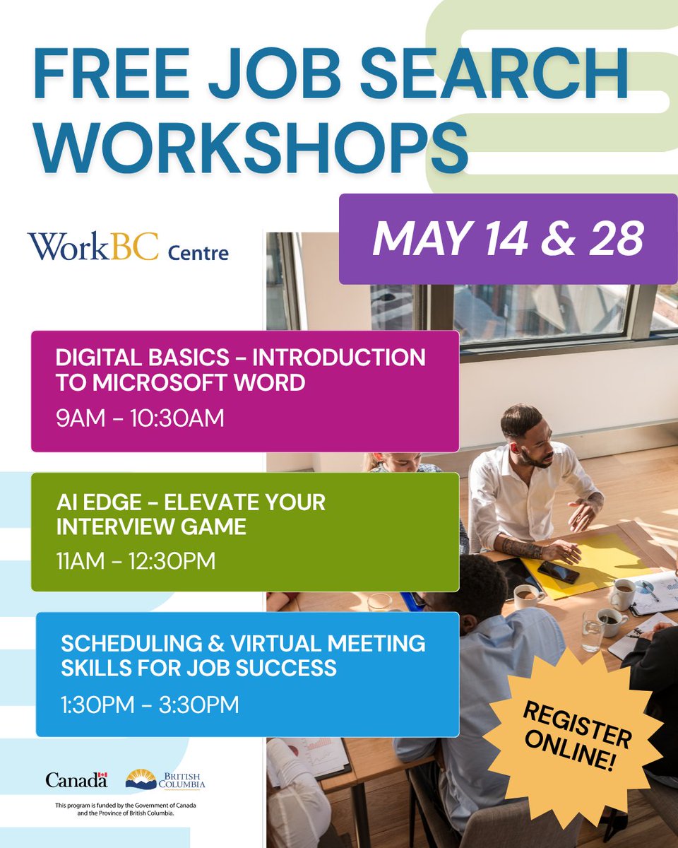 WorkBC_MRidge's tweet photo. Build your skills, explore new opportunities, and move forward with confidence through our hands-on workshops this May.

👉 Reserve your spot for each session: https://t.co/RwbYURVzwq
(Registrations close 1 day prior to each workshop) https://t.co/azuN7MFPwL