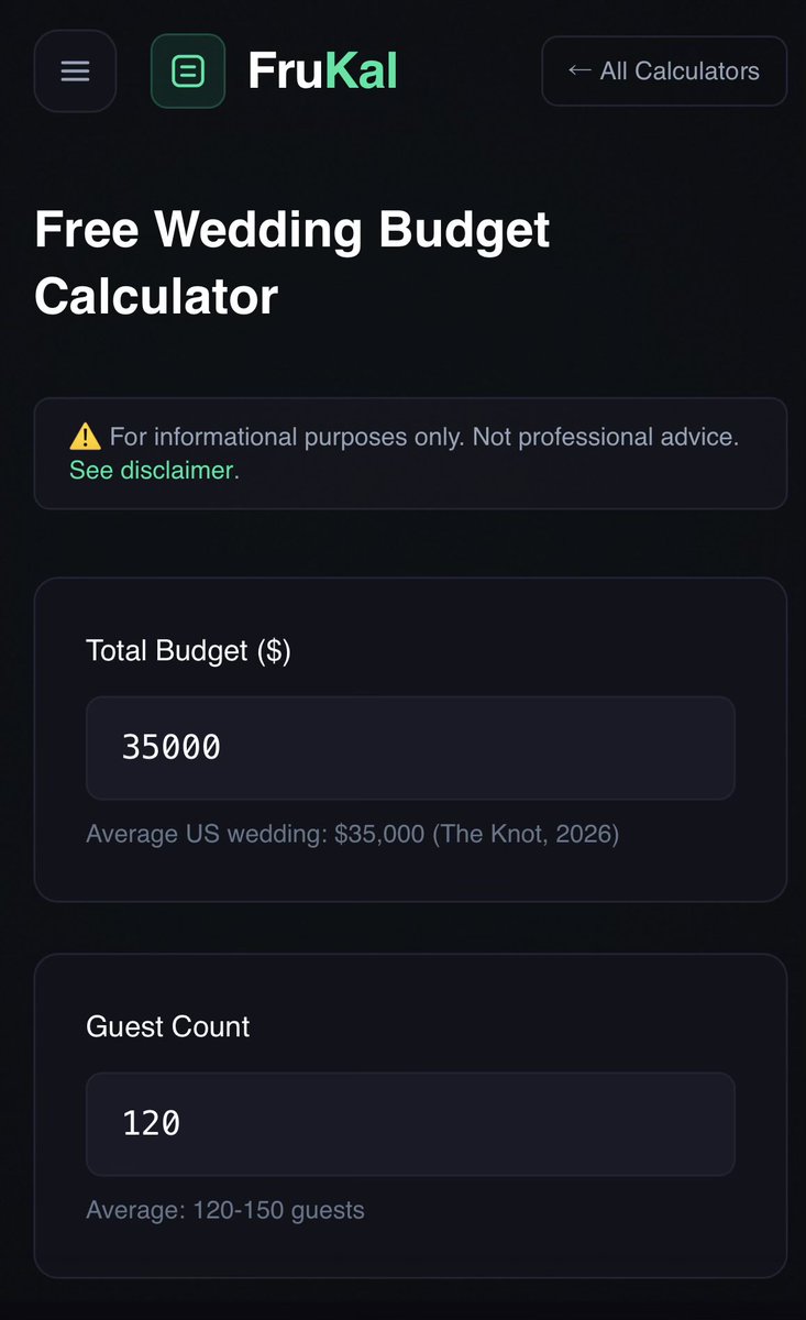 SVNHILabs's tweet image. Free Wedding Budget Calculator

This wedding budget calculator helps couples allocate their total budget across 10 major wedding expense categories using industry-standard percentages. #wedding #knot #relationship #marriage