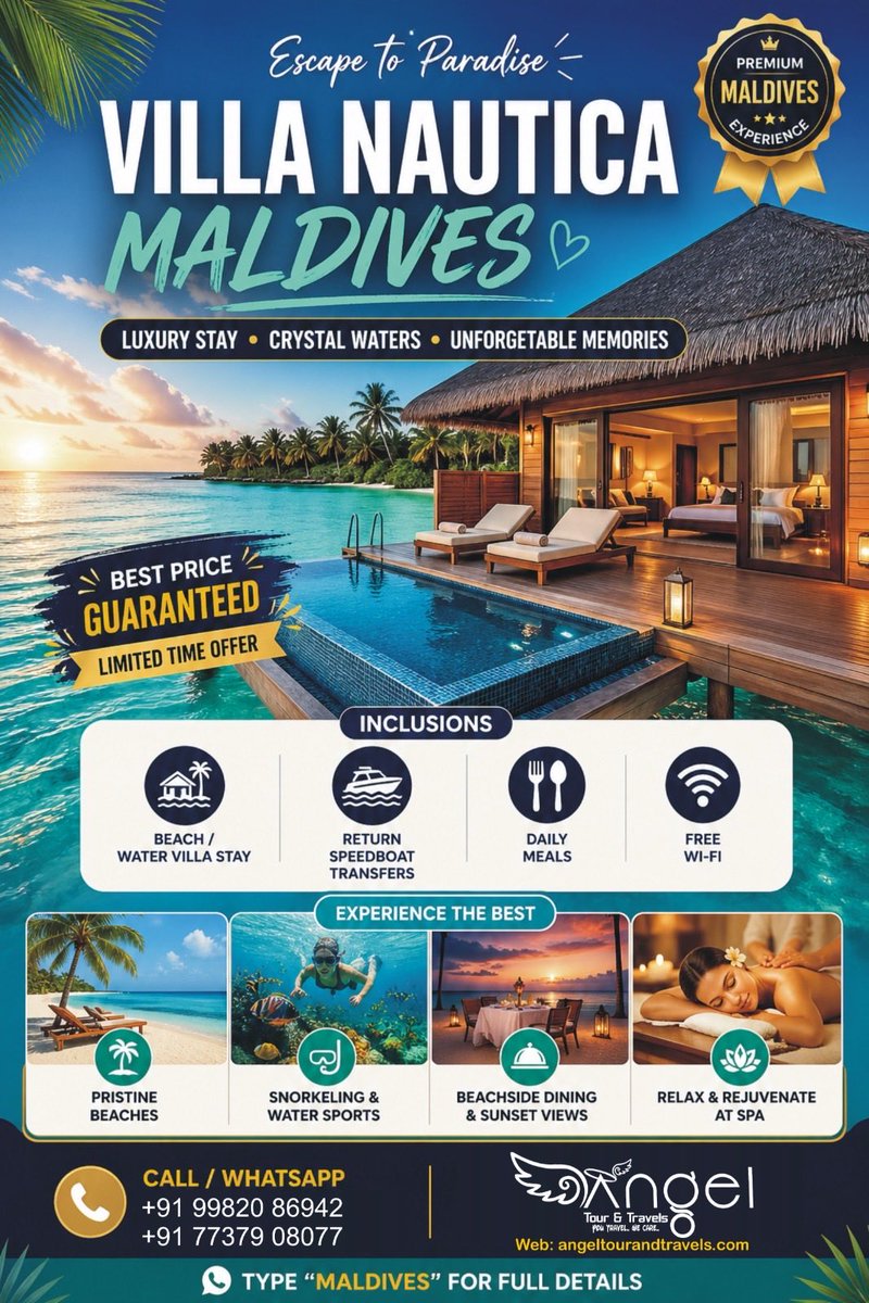 angeltourst's tweet photo. 🌴 VILLA NAUTICA MALDIVES DEAL 🌊

✨ Water Villa Experience
🚤 Speedboat Transfers
🍽️ Meals Included

💎 BEST PRICE AVAILABLE
🔥 Limited Offer – Few Slots Left https://t.co/Rv7sZo7HDL