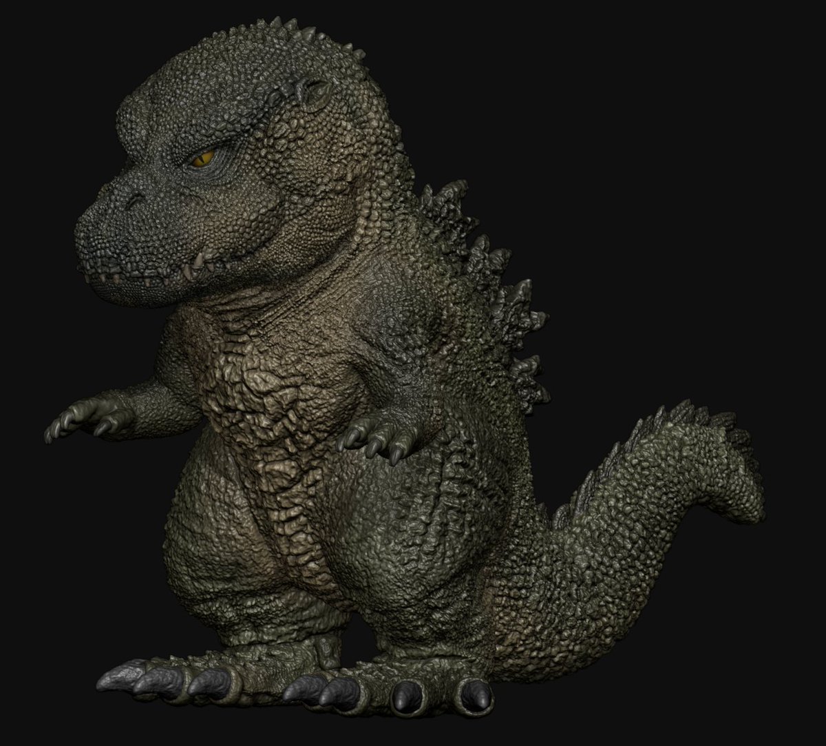 HarboStudio's tweet photo. Stan Winston氏のゴジラデザインを、X-Plusのデフォリアルシリーズ風に再解釈！
2つの造形スタイルをうまく融合させるのにかなり苦労しました（笑）。でもいい感じに仕上がってよかったです！

Stan Winston’s Godzilla design in the X-Plus series style!
#ゴジラ #怪獣 #Xplus #Blender3D https://t.co/d7cPBrbEKd