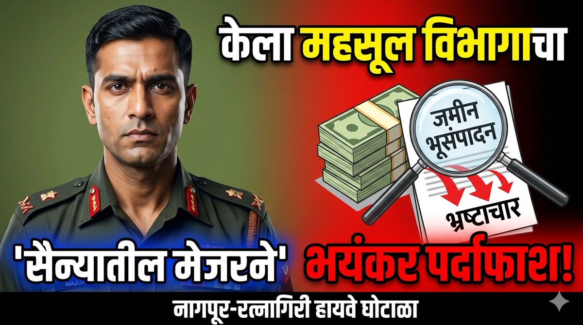 सैन्यात दोघे मेजर! त्यांचे जमीनचे नागपूर रत्नागिरी साठी भूसंपादन! लाच दिले तरच पैसे! एका गावची लाच सहा कोटी! प्रत्येक कार्यालयात एजंट, कार्यकर्ते यांचा सुळसुळाट! कुठे चाललाय महाराष्ट्र माझा ? 

youtu.be/Ihf6mwt_9q8