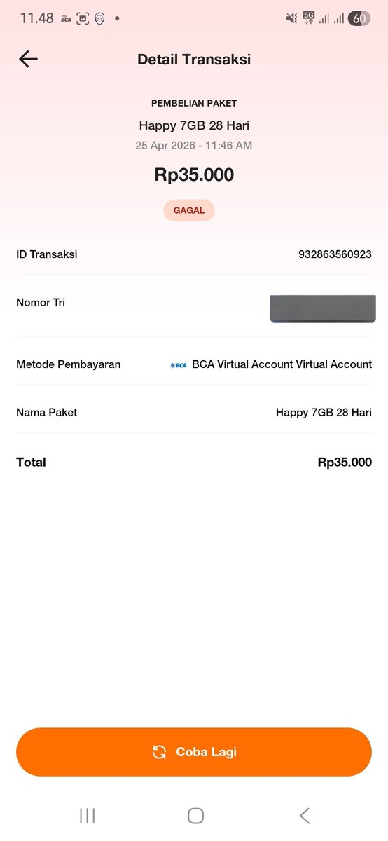 gevilano's tweet photo. @triindonesia halo, beli paket data via aplikasi Bima+ , pembayaran via Virtual Account BCA sukses tp di aplikasi Bima+ failed. Bisa dibantu? https://t.co/SpbHcy7CwH