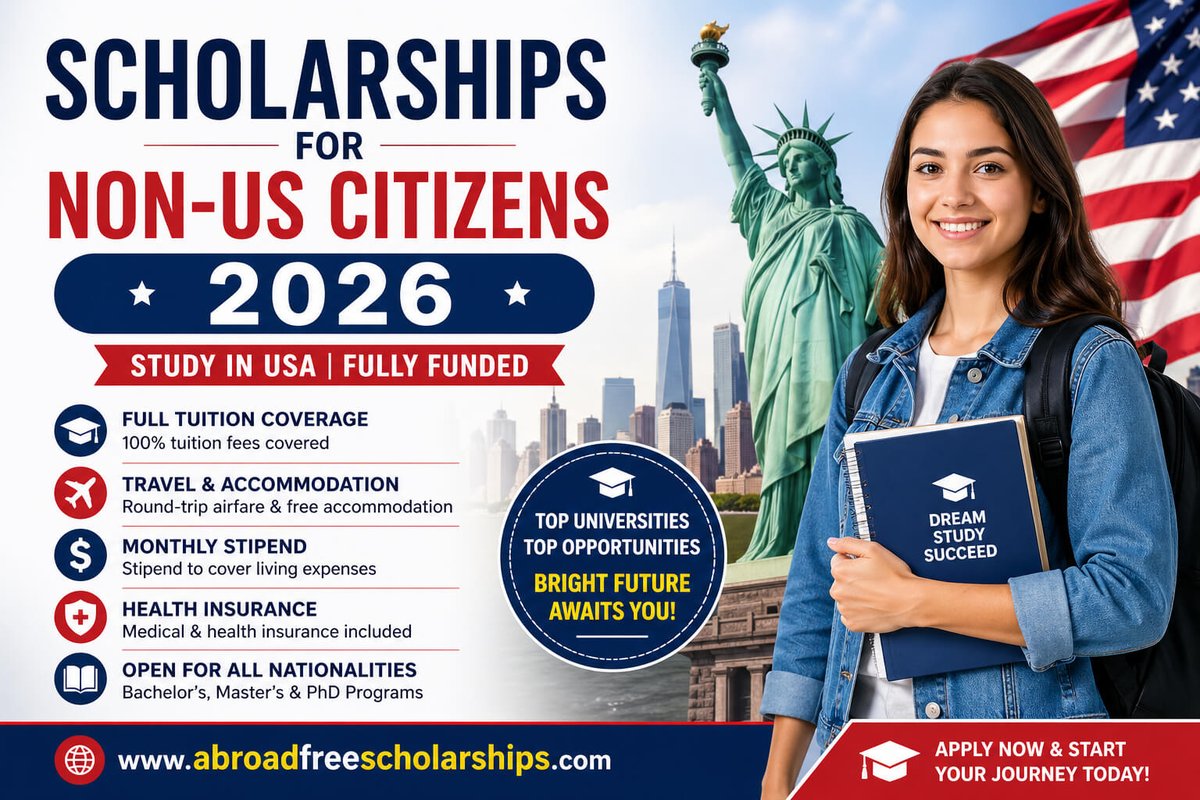 AFscholarships's tweet image. 🎓 Fully Funded Scholarships for Non-US Citizens 2026 🇺🇸

Open for Bachelor’s, Master’s &amp;amp; PhD students worldwide.

👉 Apply now and start your journey! 
abroadfreescholarships.com/scholarships-f…

#Scholarships2026 #StudyInUSA #InternationalStudents #FullyFunded #StudyAbroad #USA2026