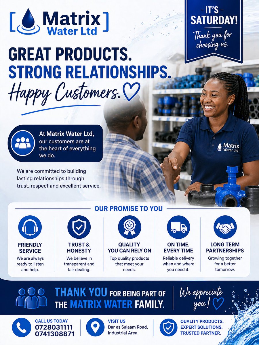 MatrixWaterLTD's tweet image. 🤝 Strong relationships build strong businesses

Thank you for choosing Matrix Water Ltd 💙

📞 0728031111 / 0741308871

#CustomerFirst #BusinessKenya #Trust