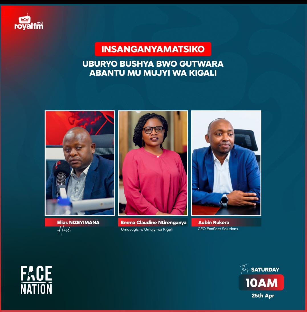 CityofKigali's tweet photo. Uyu munsi guhera saa yine (10h00), mu kiganiro #FaceTheNation kuri @RoyalFMRwanda, Umuvugizi w’Umujyi wa Kigali @EmmaClaudine ari kumwe na Aubin Rukera, Umuyobozi Mukuru wa @EcofleetRw baratubwira kuri gahunda nshya yo gutwara abantu muri #KigaliYacu. 

Ni gahunda yatangiye kubahirizwa kuri uyu wa Gatanu aho ibisate bimwe by’umuhanda byahariwe bisi gusa mu masaha y’abagenzi benshi. 

Ntimucikwe!
