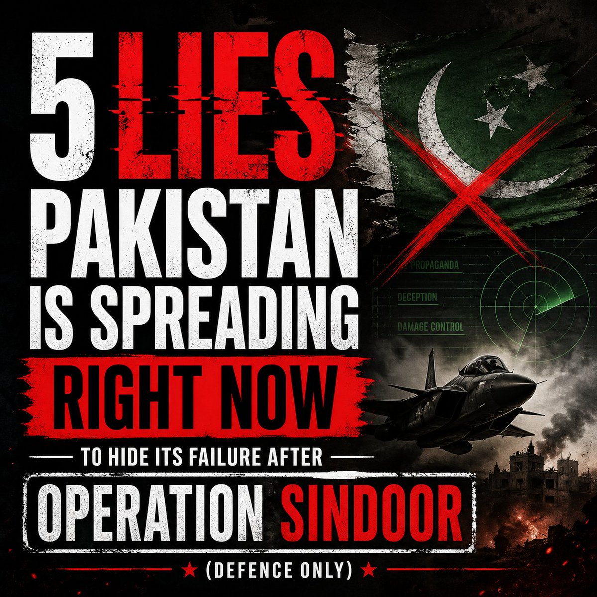 aakhrihero's tweet image. 5 Lies Pakistan is Spreading RIGHT NOW to Hide Failure After #OperationSindoor (Defence Only)

Pakistan’s info-war machinery is in panic mode.

Fake crashes. Old videos. Fabricated claims.

Here are 5 defence lies being pushed today — and the facts that destroy them.