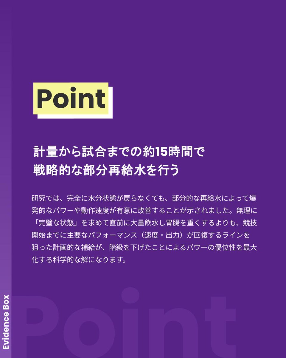 evidence_box's tweet photo. 【計量パス後の「リカバリー」、100%戻らなくても勝てるって本当?】@evidence_box
84%が計量時に脱水状態であり、試合までの13〜18時間で完全な水分回復は困難でしたが、重度の脱水者でも部分的な再給水によりベンチプレス速度やジャンプパワーが回復しました。#evidencebox #スポーツ #論文 https://t.co/xZYajtWjGU