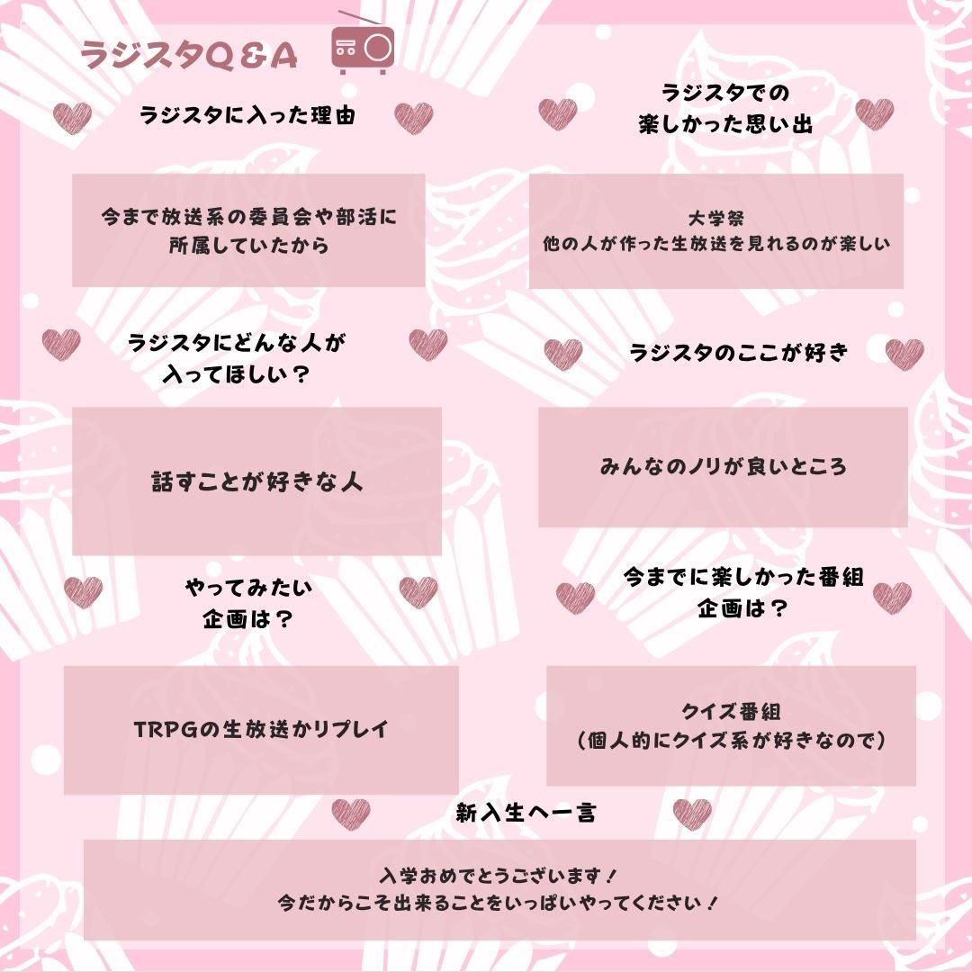 【ラジスタメンバープロフィール】
本日は2回生のプロフィールを紹介！
気になった方はDMか部室に来てみてください！

#ラジスタ 
#岐阜大学新歓情報
#新歓