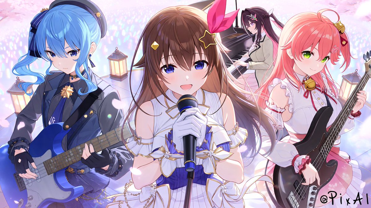 DimasMantab's tweet image. HoloJP Gen 0 Band #PixAI #PixAITsubaki2 @PixAI_Official #StPatricksDay #Ahoge #Dress #DetachedSleeves #Choker #Bow #Beret #BlackHair #BlueHair #BrownHair #CherryBlossoms #Band #BassGuitar #Earrings #BlueEyes #Bell #ElectricGuitar #CompanyName #BlackGloves #ClosedMouth