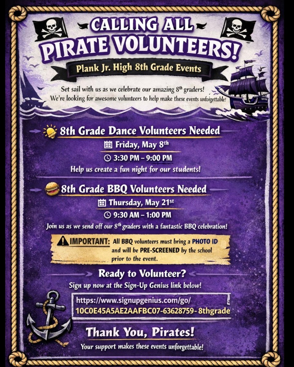 plank308's tweet photo. 8th Grade BBQ coming up! We need volunteers to help make it a success. Sign up here: https://t.co/BcLvnS4SEz Your help means a lot! https://t.co/HecVDBdS53