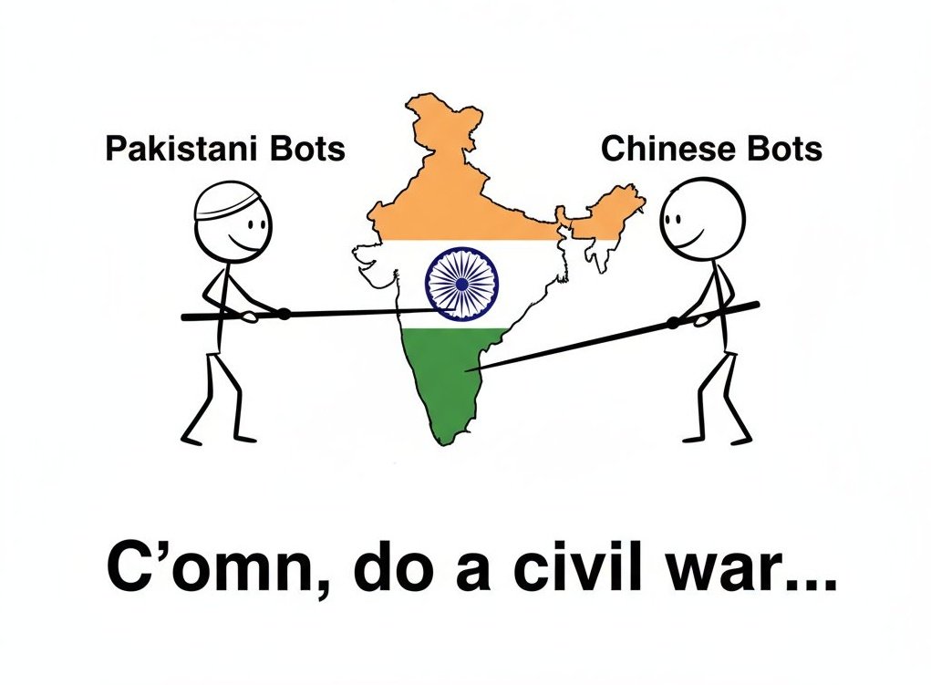 Chinese &amp; Pakistani bots flooding “South Asia” handles, pushing caste, religion, North-South hate to spark civil war vibes in India.
Classic enemy psyop. Don’t engage. Just report for hate &amp; BLOCK.