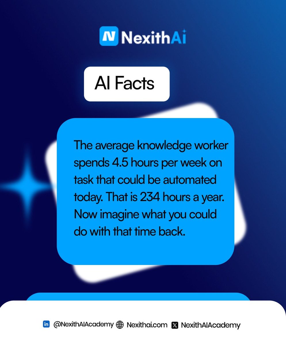 NexithAIAcademy's tweet photo. 234 hours annually. 

Wasted on things AI can do today.

This is 29 days of work that you will never reclaim.

The real issue here is not "Should I learn how to leverage AI?"

It's  "Why have you not started?"

#NexithAI #AI #AILiteracy https://t.co/xOyChOTfl2